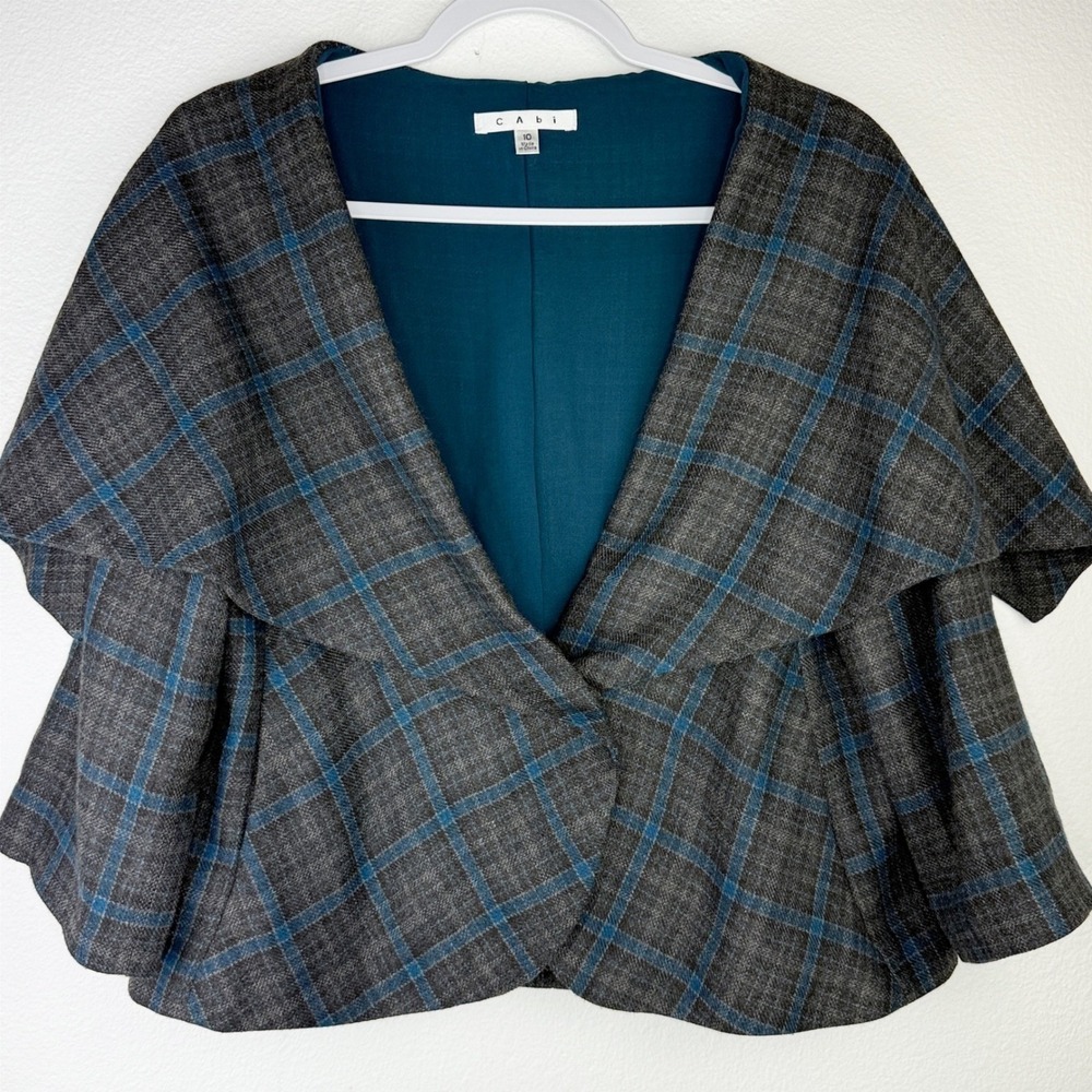Cabi Highland Jacket 918 Grey Teal Blue Plaid Draped Waterfall Crop Blazer 10